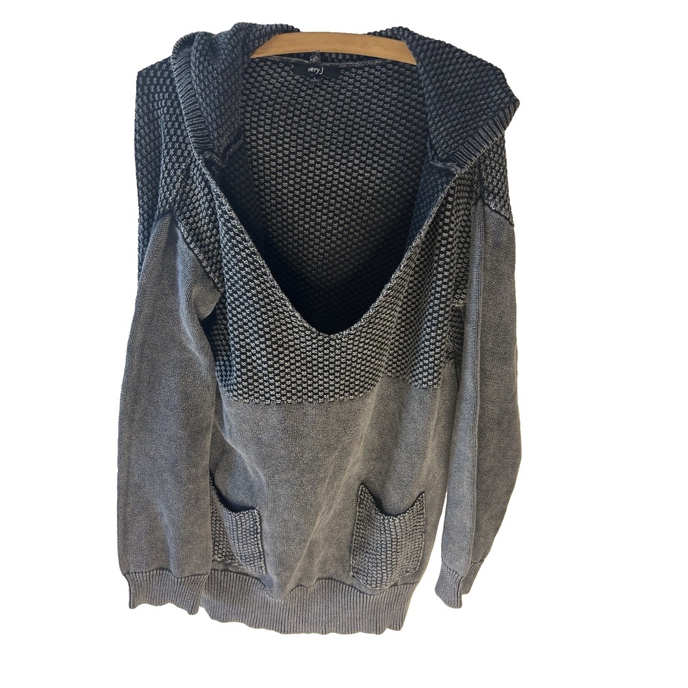 Very J Pullover Cardigan Sweater Women L‎ Oversized Hooded Grey Textured Cotton